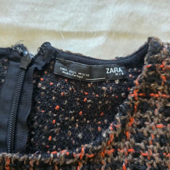 Zara Embroidered Plaid Tweed Mini Dress 3/4 Sleeves Brown Boho Twee - Picture 6 of 9